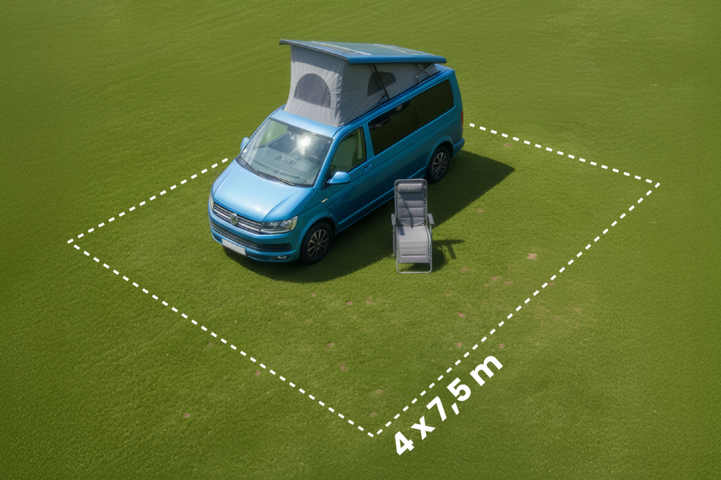 BASIC pitch 4 × 7.5 m with motorhome on the meadow — CAMPING WEISS Schitterhof