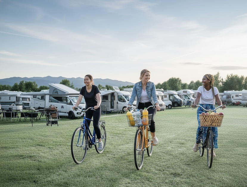 Drie vrouwen op de fiets met boodschappen in de mand op de camping bij de Red Bull Ring