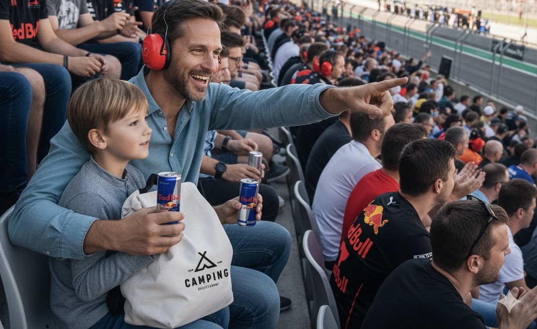 Vader en zoon met gehoorbescherming op de tribune van de Red Bull Ring met een Schitterhof-campingtas