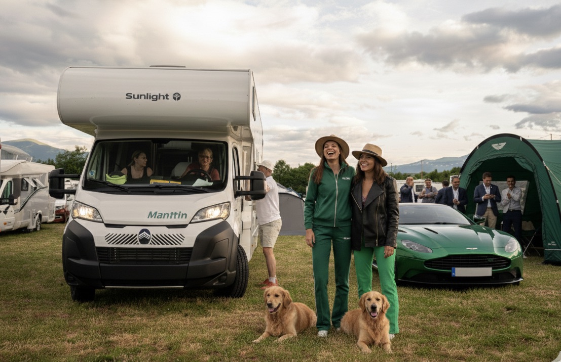 Twee bezoeksters met golden retrievers op Schitterhof CAMPING WEISS — camper en sportwagen op het terrein