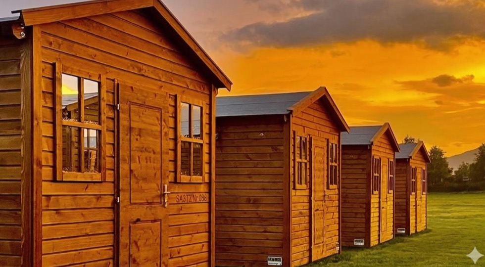 Heated wooden chalets at sunset — CAMPING WEISS